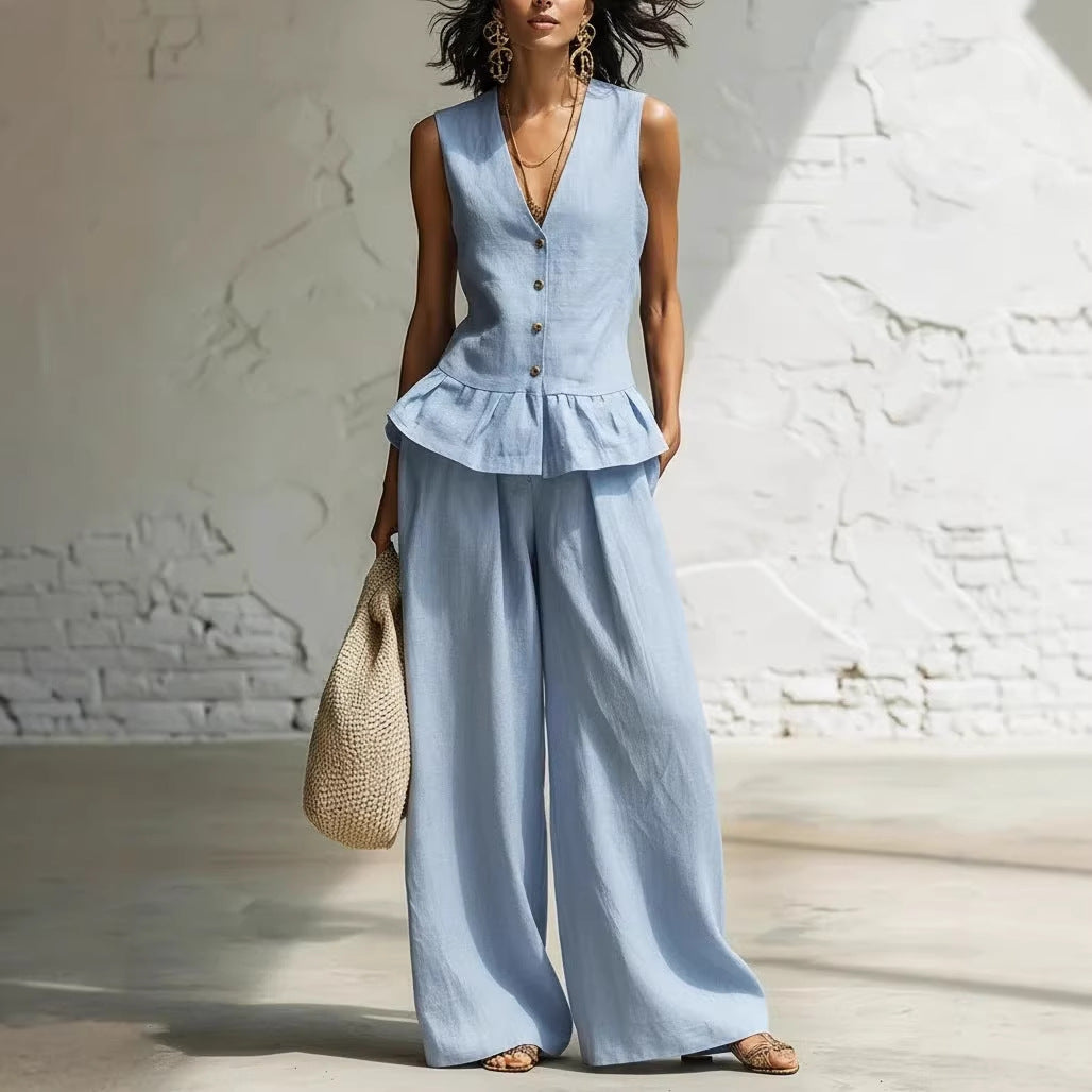 Women's Bohemian Ruffled Sleeveless Tank & Pants Set Light Blue