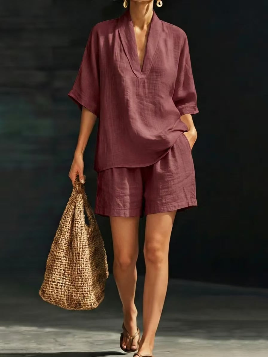 Women's Loose Batwing Sleeve Two-Piece Set – Casual Summer Beach Outfit Purplish Red