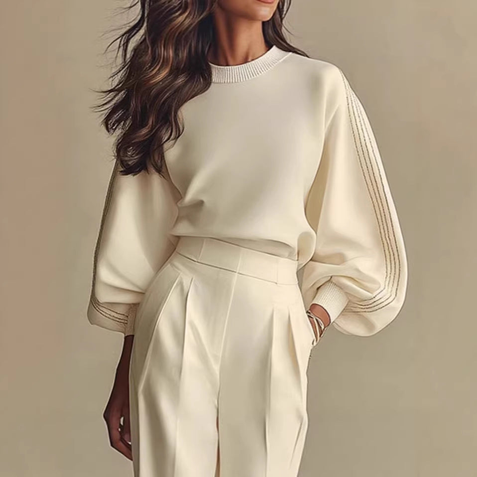 Women’s Round Neck Sweatshirt & Pants Set – Casual Long Sleeve Two-Piece Outfit White