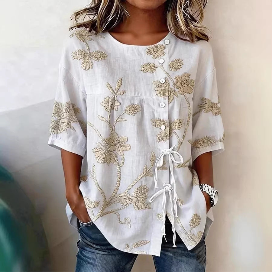 Women's Floral 3D Print Pullover Top – Loose Fit Elegant Casual S to 3XL Apricot