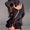 Deep V-Neck Ruffle-Hem Flared-Sleeve Mini Dress — Button-Front Bodycon Black