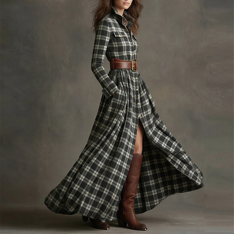Women's Printed Lapel Slim-Fit Dress – Elegant Commuter Style Black Plaid