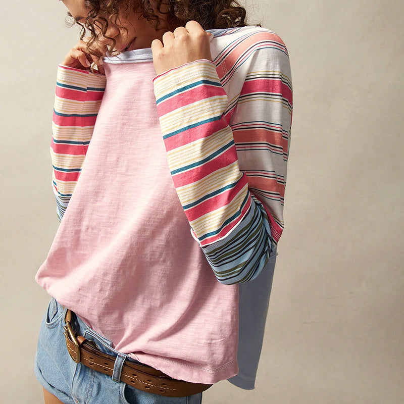 Women's Striped Long Sleeve Top Round Neck Pullover Pink