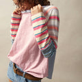Women's Striped Long Sleeve Top Round Neck Pullover Pink