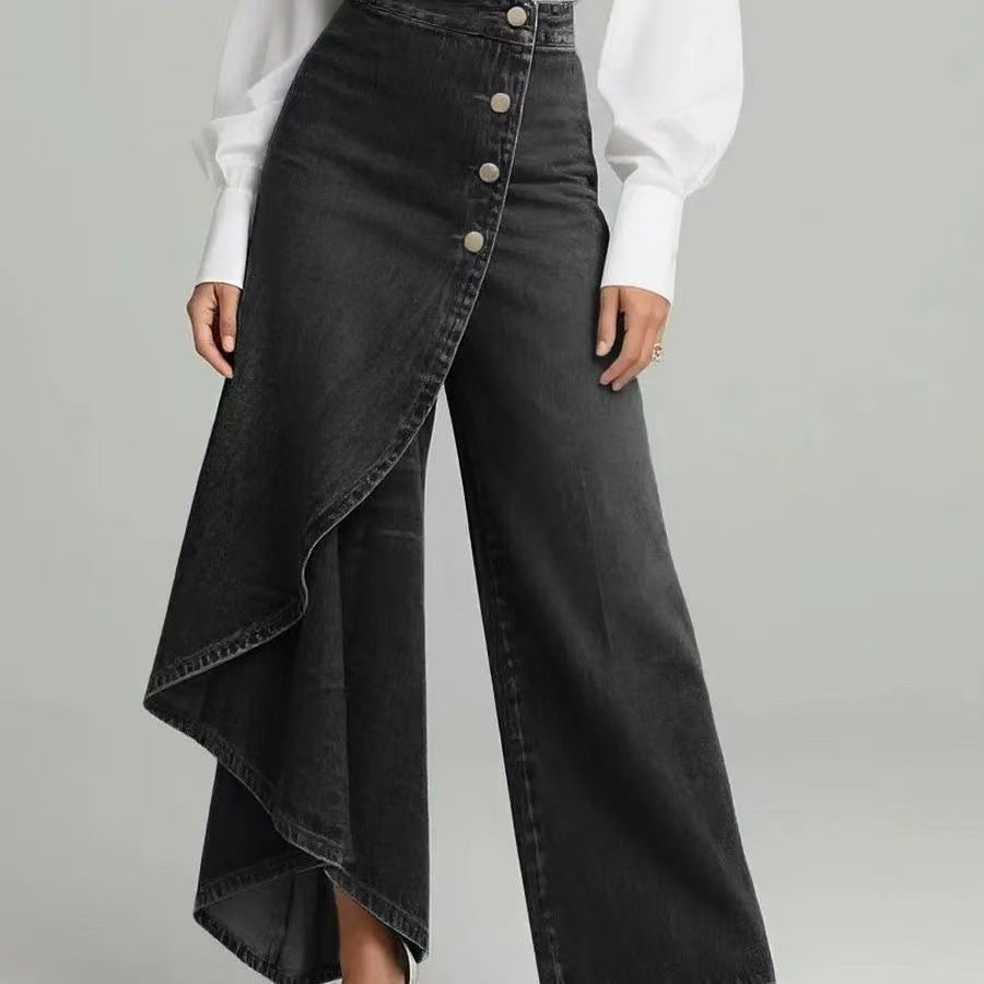 Women's Washed Denim Skort with Button Closure Black