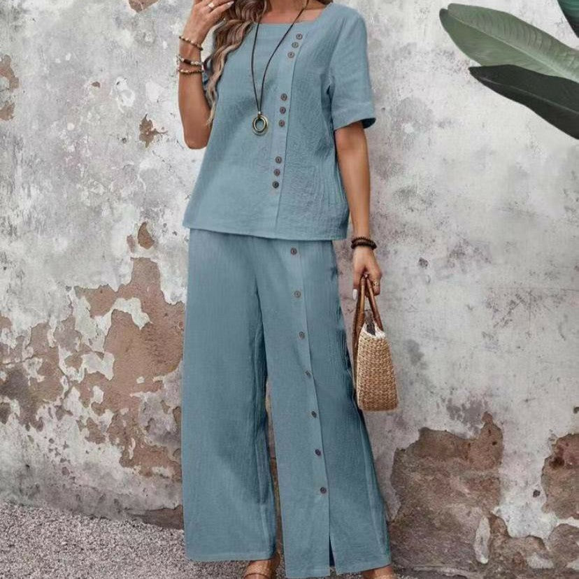 Women’s Button-Up Top and Loose Fit Two Piece Linen Set Blue