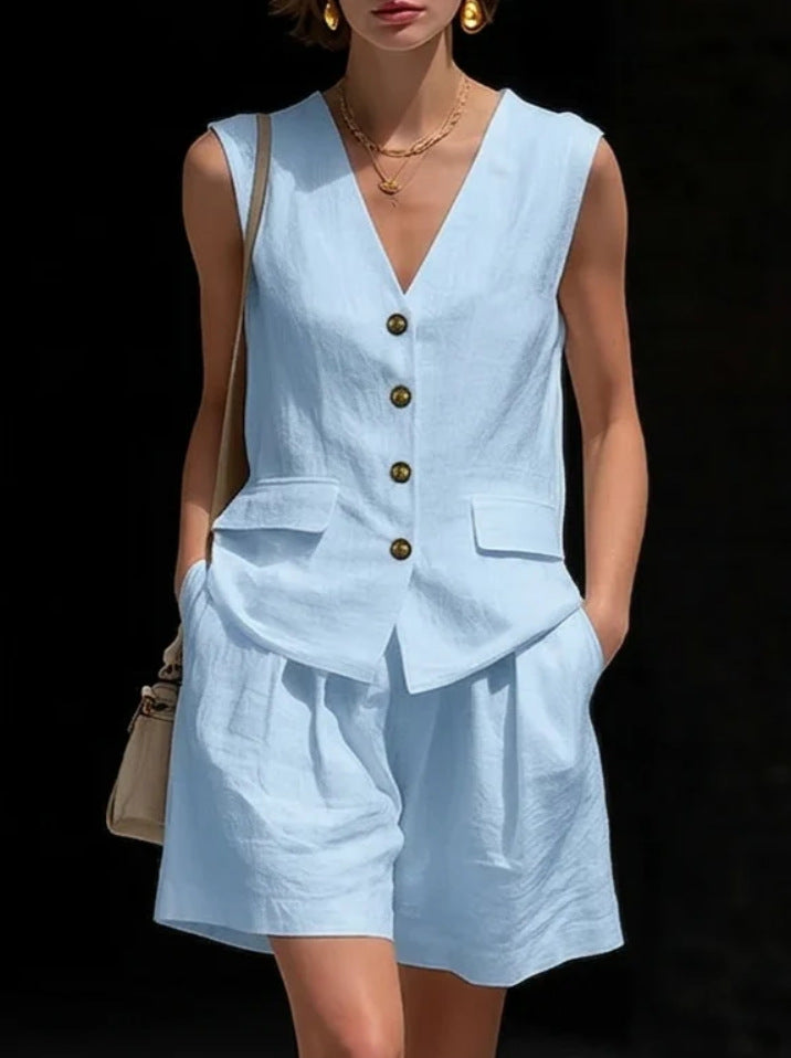 Women’s Cotton Linen Sleeveless Vest Top and Shorts Set Light Blue