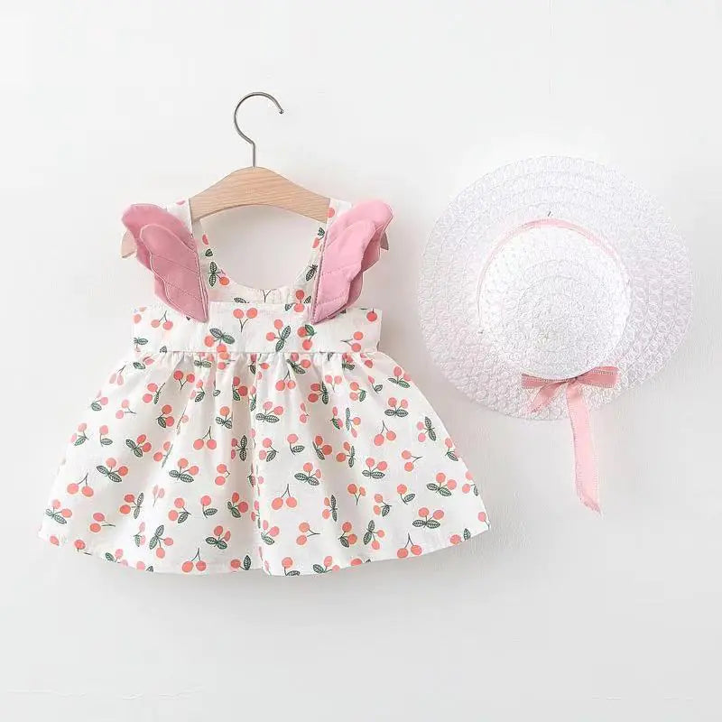 Summer Big Dot Wings Princess Dress with Hat Cherry Wings Pink 100