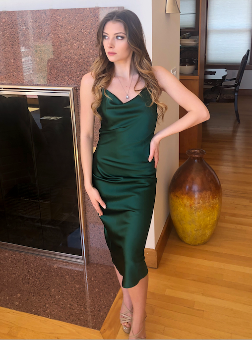 Aspen Midi Dress - Emerald Green Satin Slip Dress