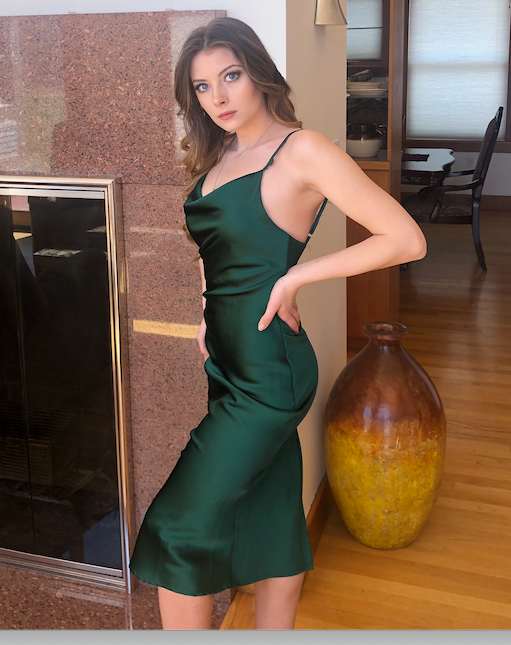 Aspen Midi Dress - Emerald Green Satin Slip Dress