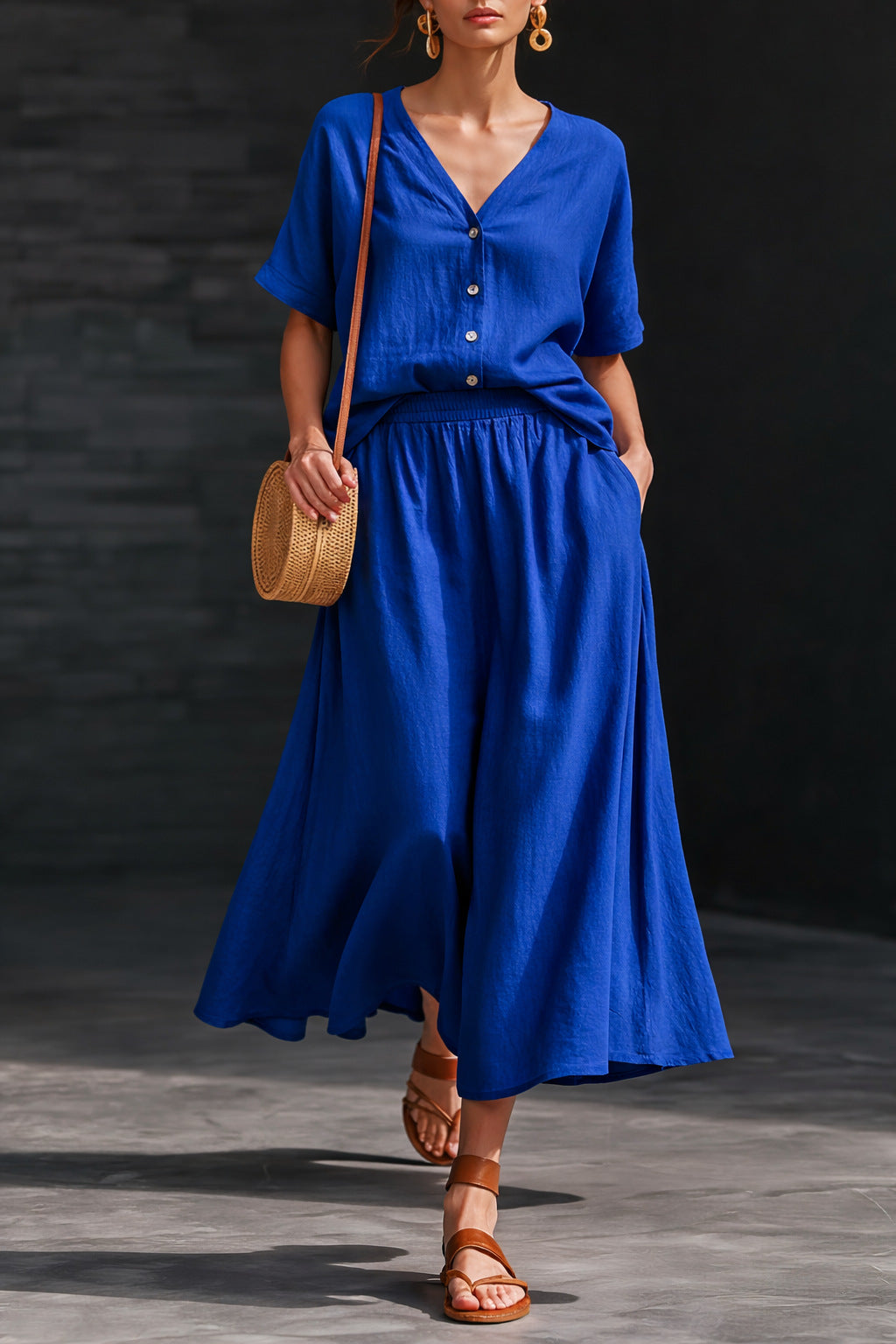Women's Cotton-Linen V-Neck Button-Up Top & Long Skirt Set Blue