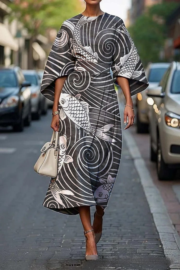 Geometric Print Batwing Sleeve Flowy Maxi Dress – 12 Styles, XS–XXXL Style3