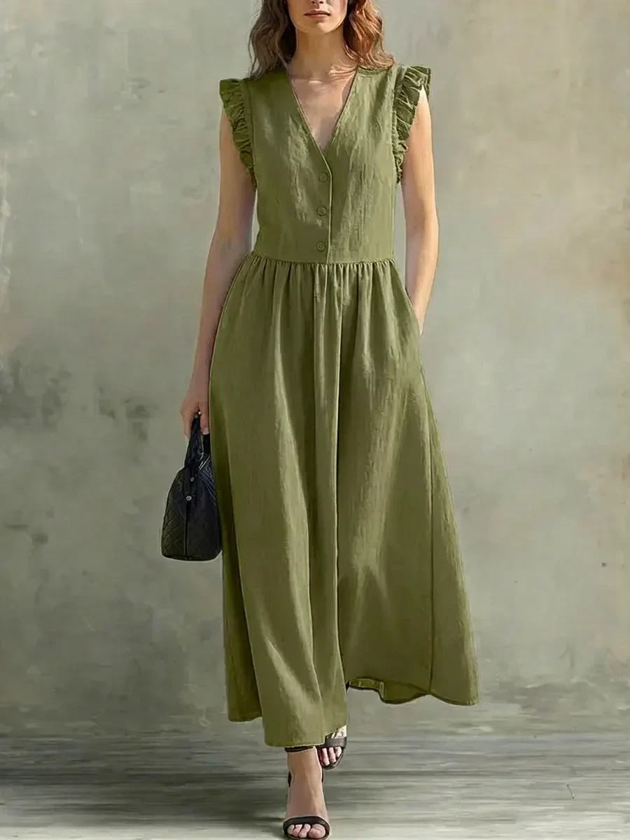 V-Neck Puff-Sleeve Dress with Pockets – Cotton Linen, 7 Colors Army Green