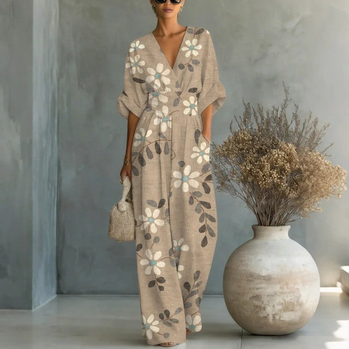 Women's Waist-Cinched V-Neck Printed Wide-Leg Jumpsuit 4color