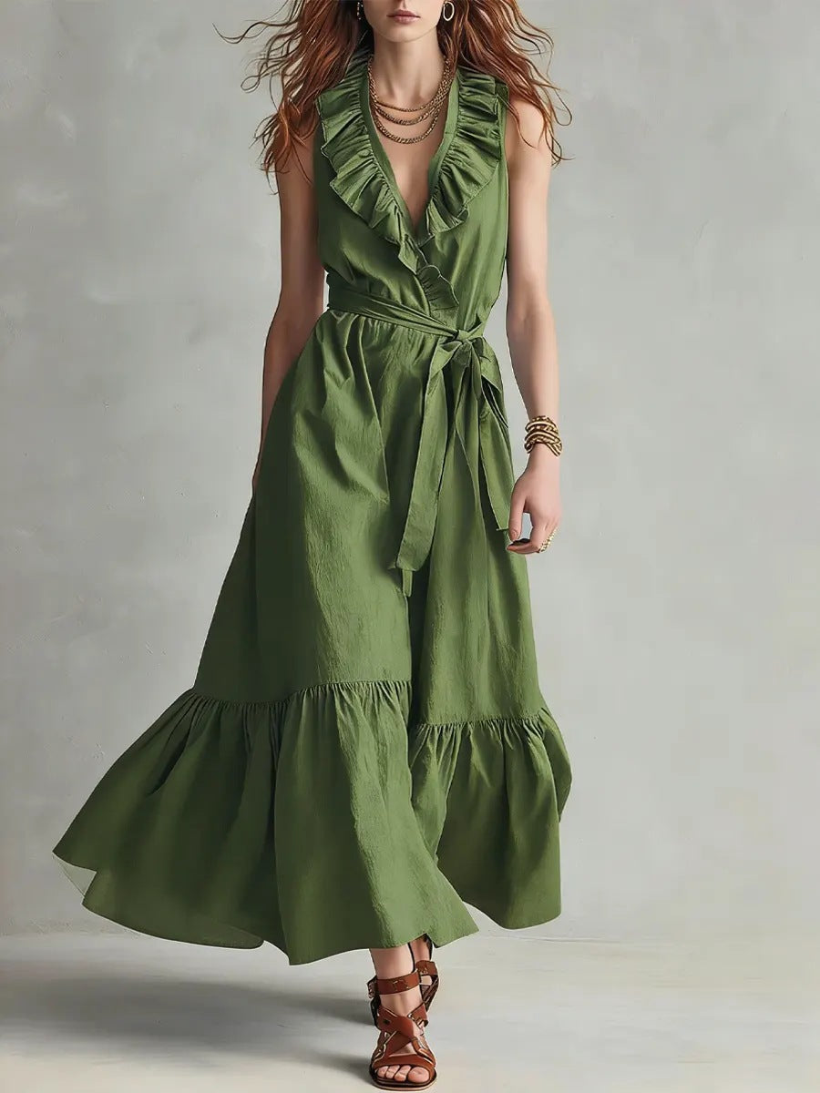 Women's V-Neck Sleeveless Lace-Up Panelled Maxi Dress – Wide Flare Green