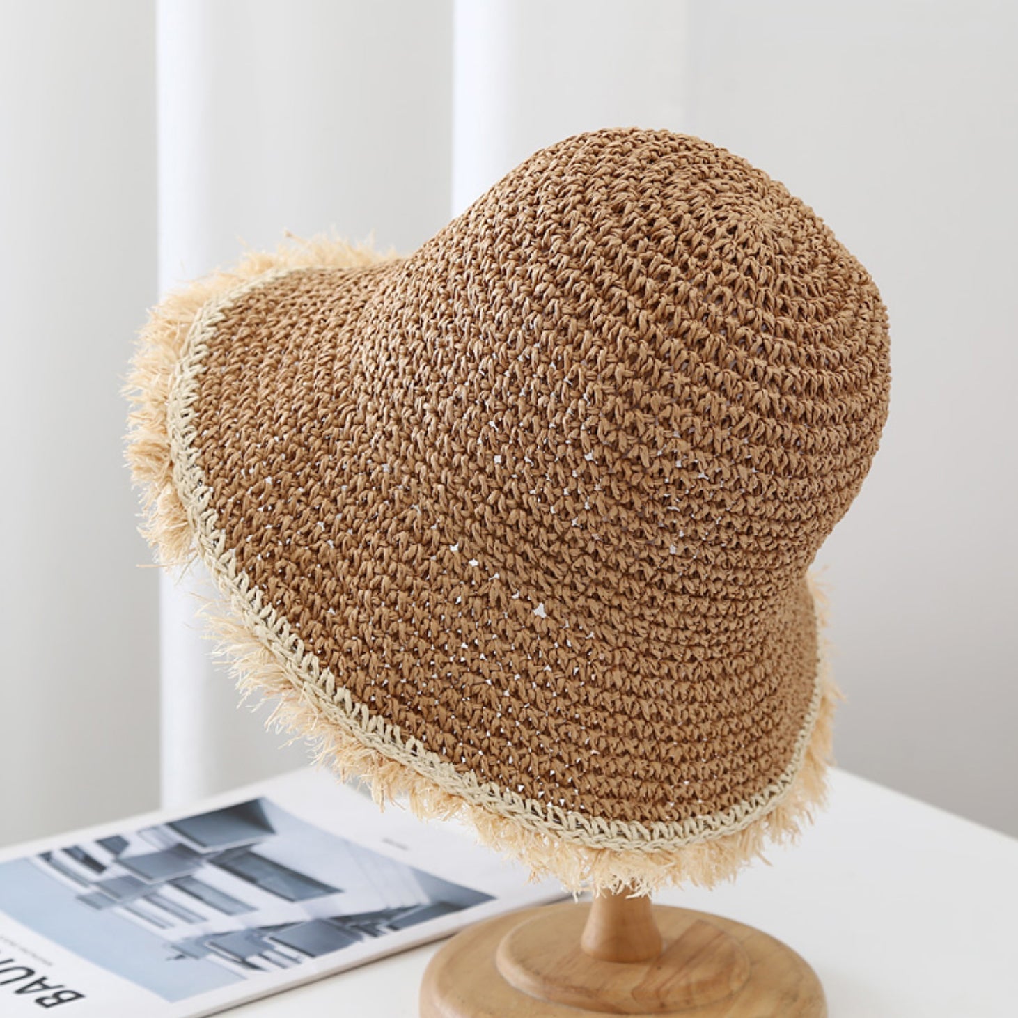 Women's Wide-Brim Fringed Woven Straw Hat | Beach & Vacation Sun Hat Khaki