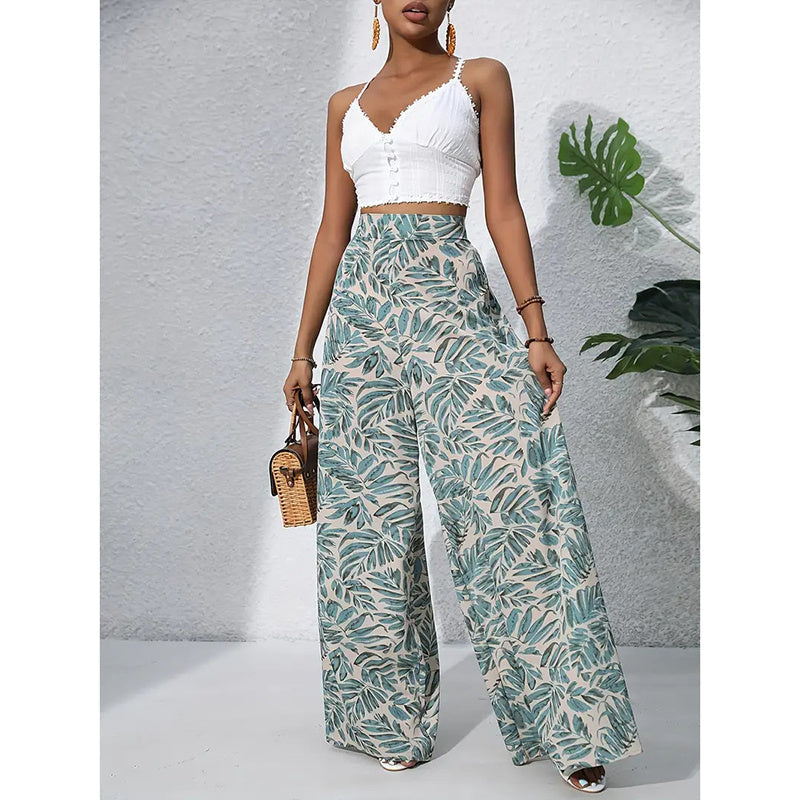 Women’s Printed High‑Waist Wide‑Leg Palazzo Pants Olive Green
