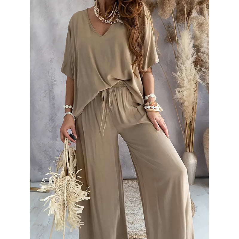Women’s Lounge Set with Wide Leg Pant Khaki