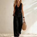 Women's Button-Up Cardigan Vest & Pants Set – Sleeveless Two-Piece Black
