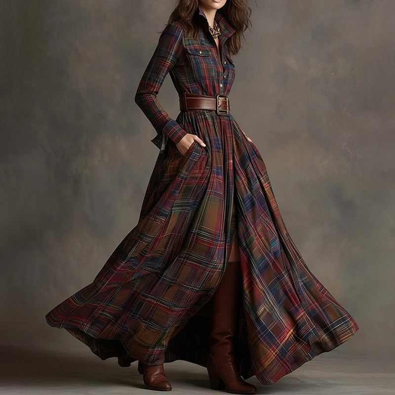 Women's Printed Lapel Slim-Fit Dress – Elegant Commuter Style Color