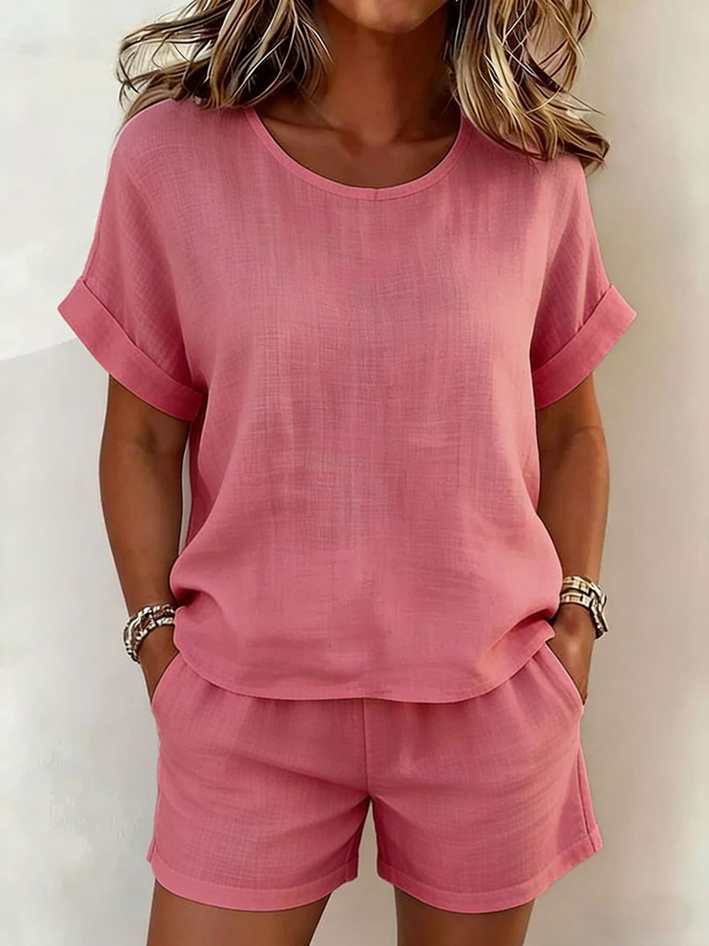Solid-Color T-Shirt & Shorts Set – Cotton Linen, 10 Colors Dark Pink