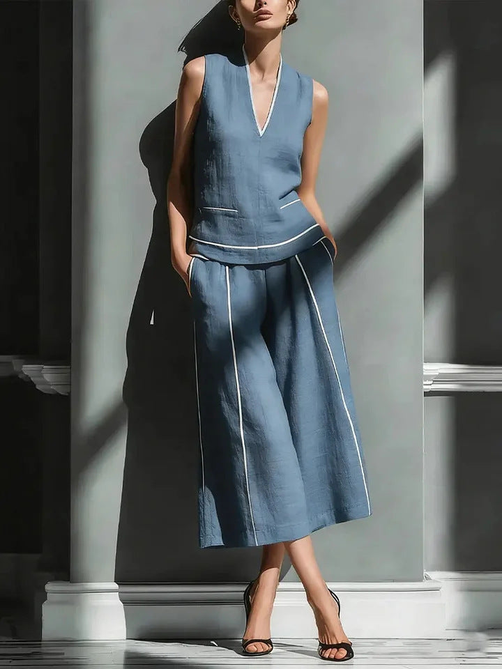 Women's Sleeveless Linen Shirt & Cropped Pants Set – Casual 2-Piece Outfit Sapphire Blue