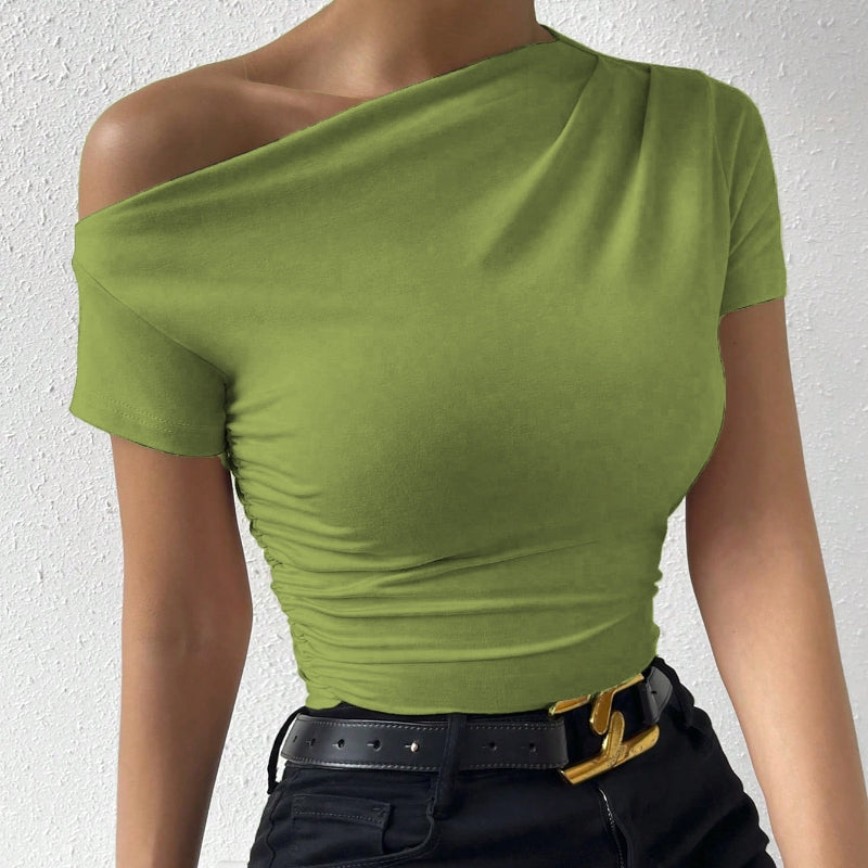 Women’s Y2K Ruched One-Shoulder Summer Top – Slim Fit Asymmetrical Shirt Green
