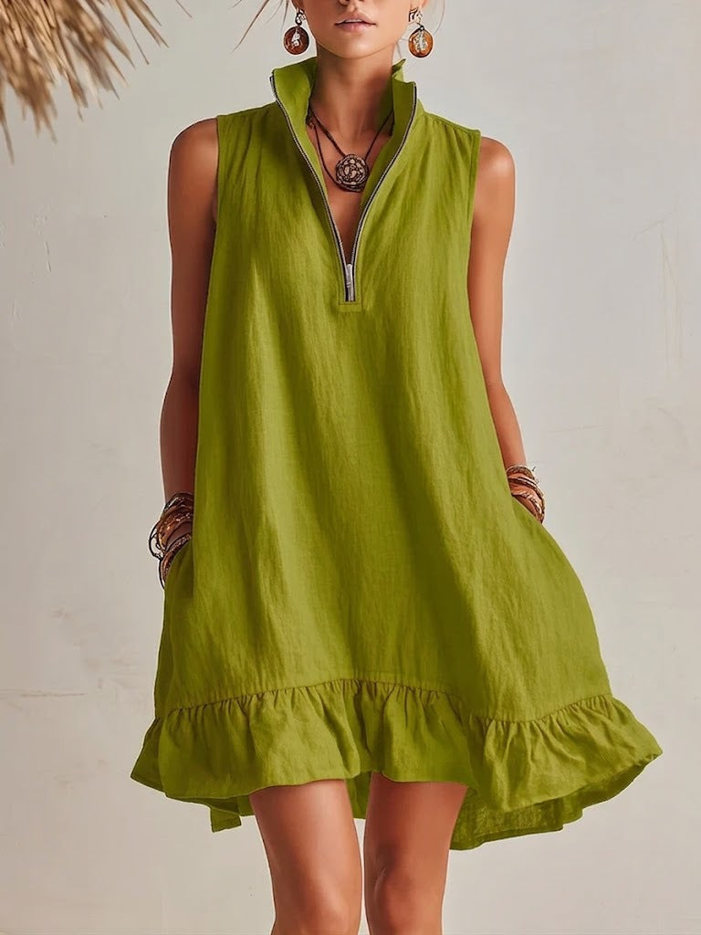 Women's Casual Loose Half-Zip Sleeveless Dress with Ruffle Hem Green