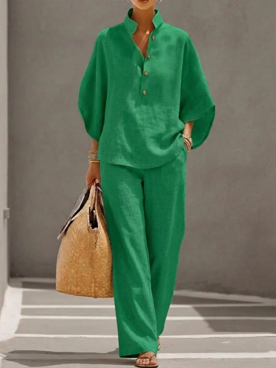 Women’s Casual Shirt and Full-Length Pants Set Green