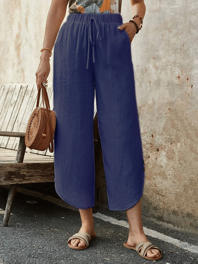 🌿 Women's Cotton-Linen Cropped Drawstring Pants Navy Blue