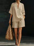 Women's Loose Batwing Sleeve Two-Piece Set – Casual Summer Beach Outfit Camel