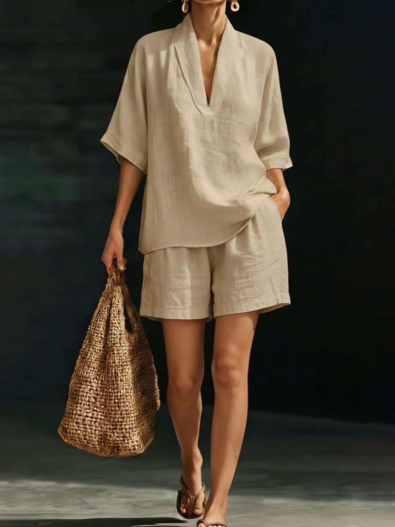 Women's Loose Batwing Sleeve Two-Piece Set – Casual Summer Beach Outfit Camel