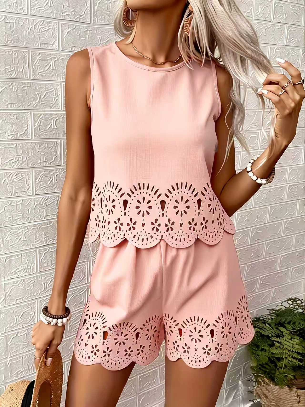 Women's Elegant Hollow-Out Floral Top & Pants Set – 2-Piece Lotus Root Color