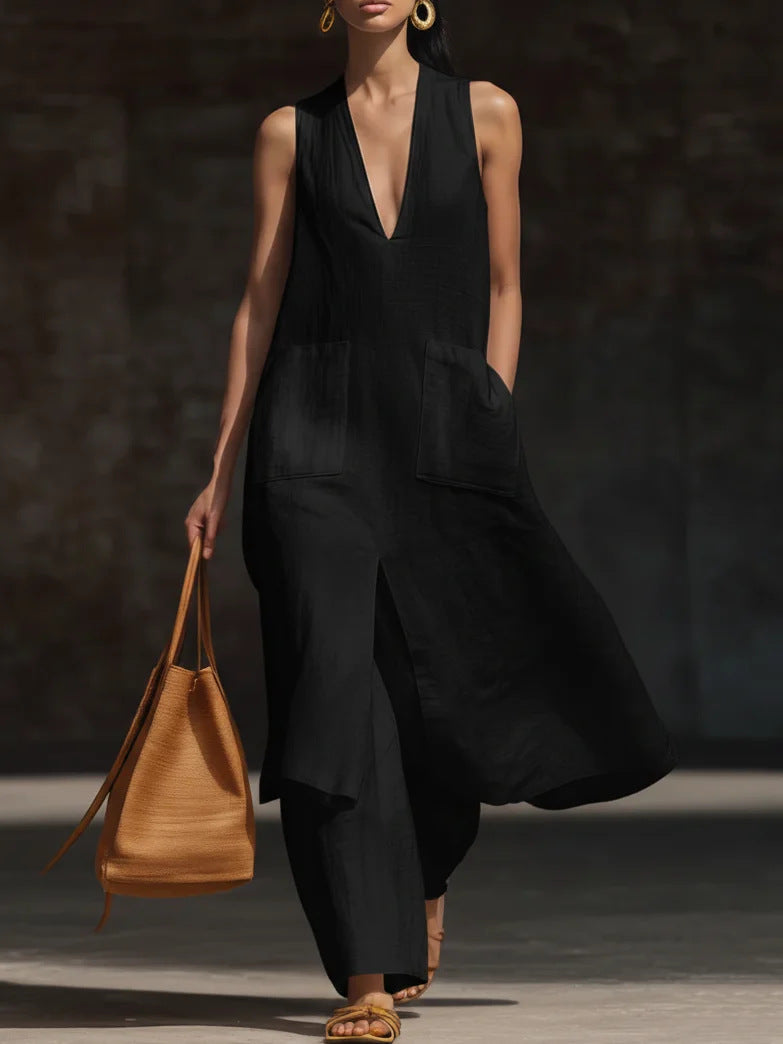 Women's V-Neck Sleeveless Linen Dress Set – Casual Chic Black