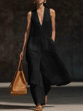 Women's V-Neck Sleeveless Linen Dress Set – Casual Chic Black