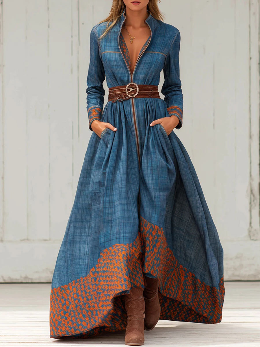 Color-Blocked Floral Patterned Stand Collar Long Dress Blue