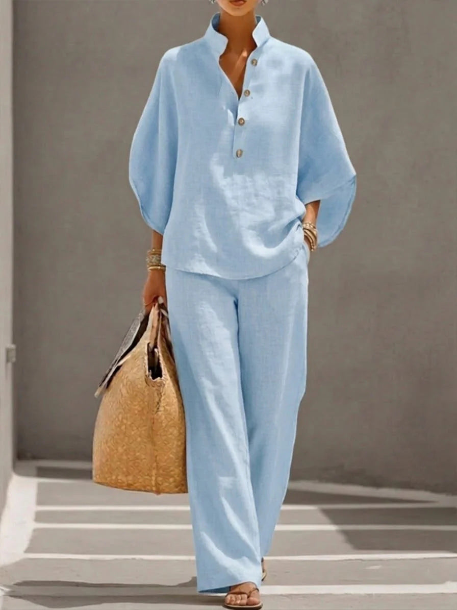 Women’s Casual Shirt and Full-Length Pants Set Light Blue