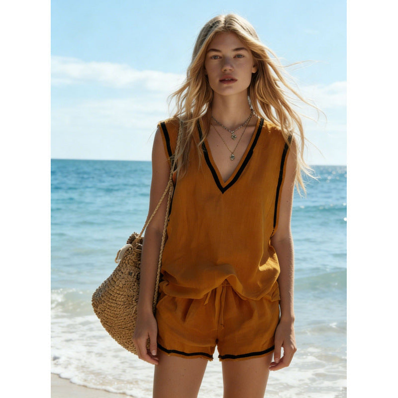 Women's V-Neck Vest & Shorts Two-Piece Set Caramel Color