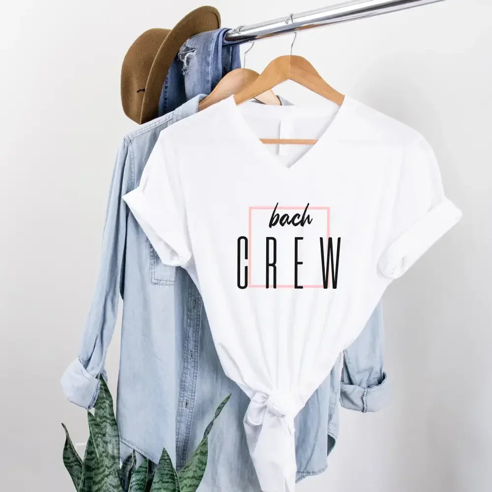 Bach Crew Bride To be Party Bachelorette V-Neck T-shirt Bach Crew White