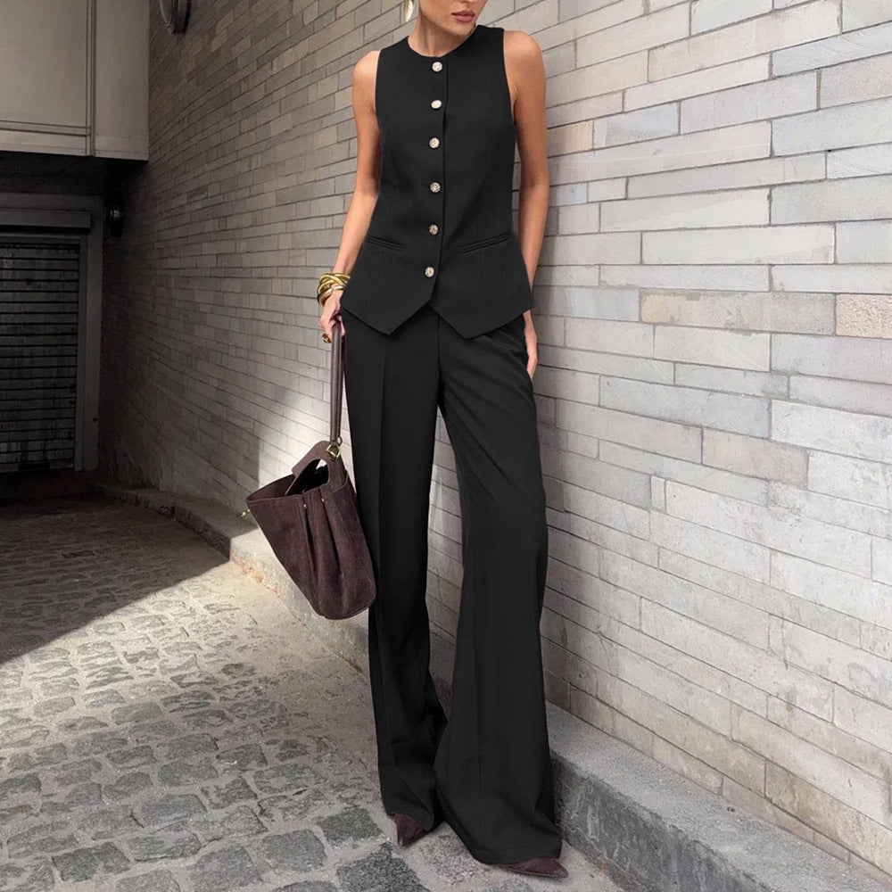 Women's Elegant Sleeveless Vest & Wide-Leg Pants Set – Office 2-Piece Black