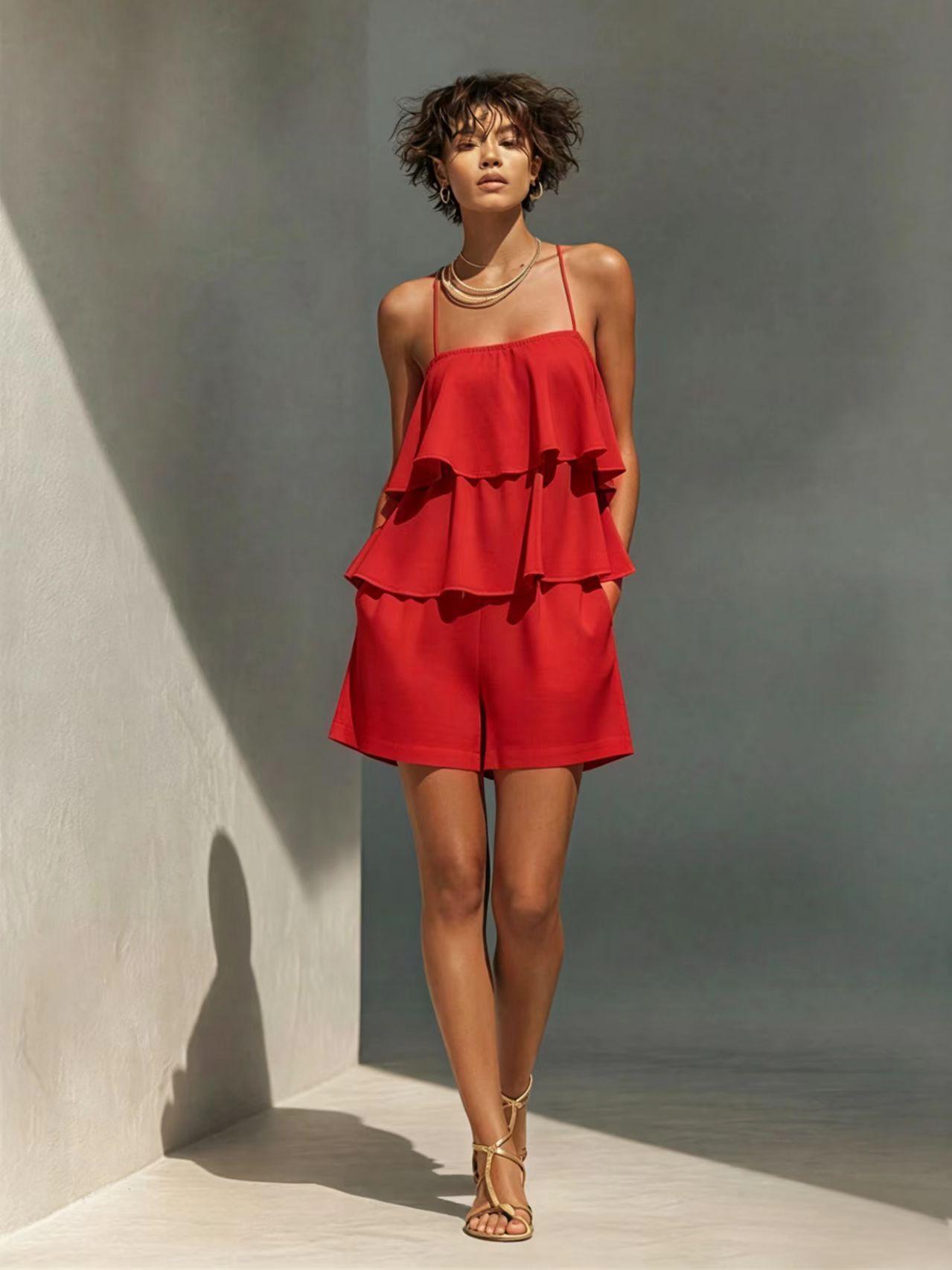 Women's Multi-Layer Ruffle Camisole & Shorts Set Red