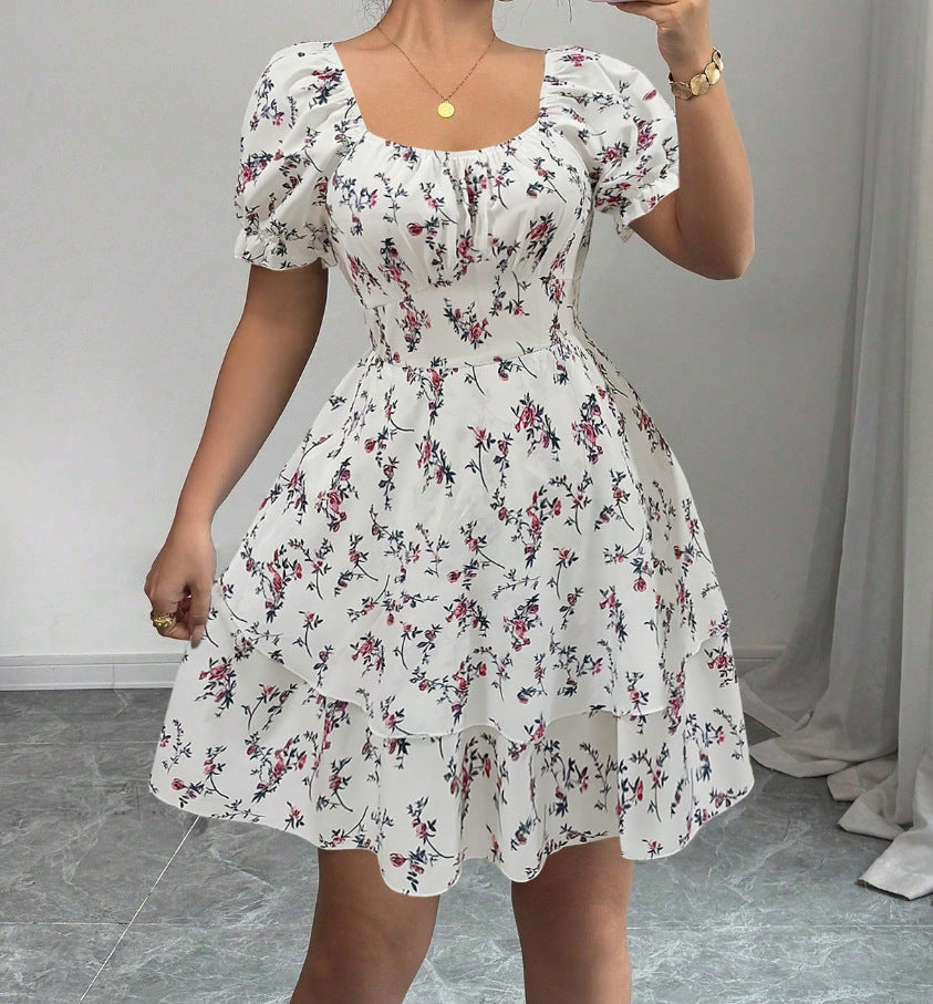 Ditsy Floral High Waist Flared Midi Dress – Short Sleeve Backless Summer Dress White
