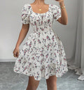 Ditsy Floral High Waist Flared Midi Dress – Short Sleeve Backless Summer Dress White