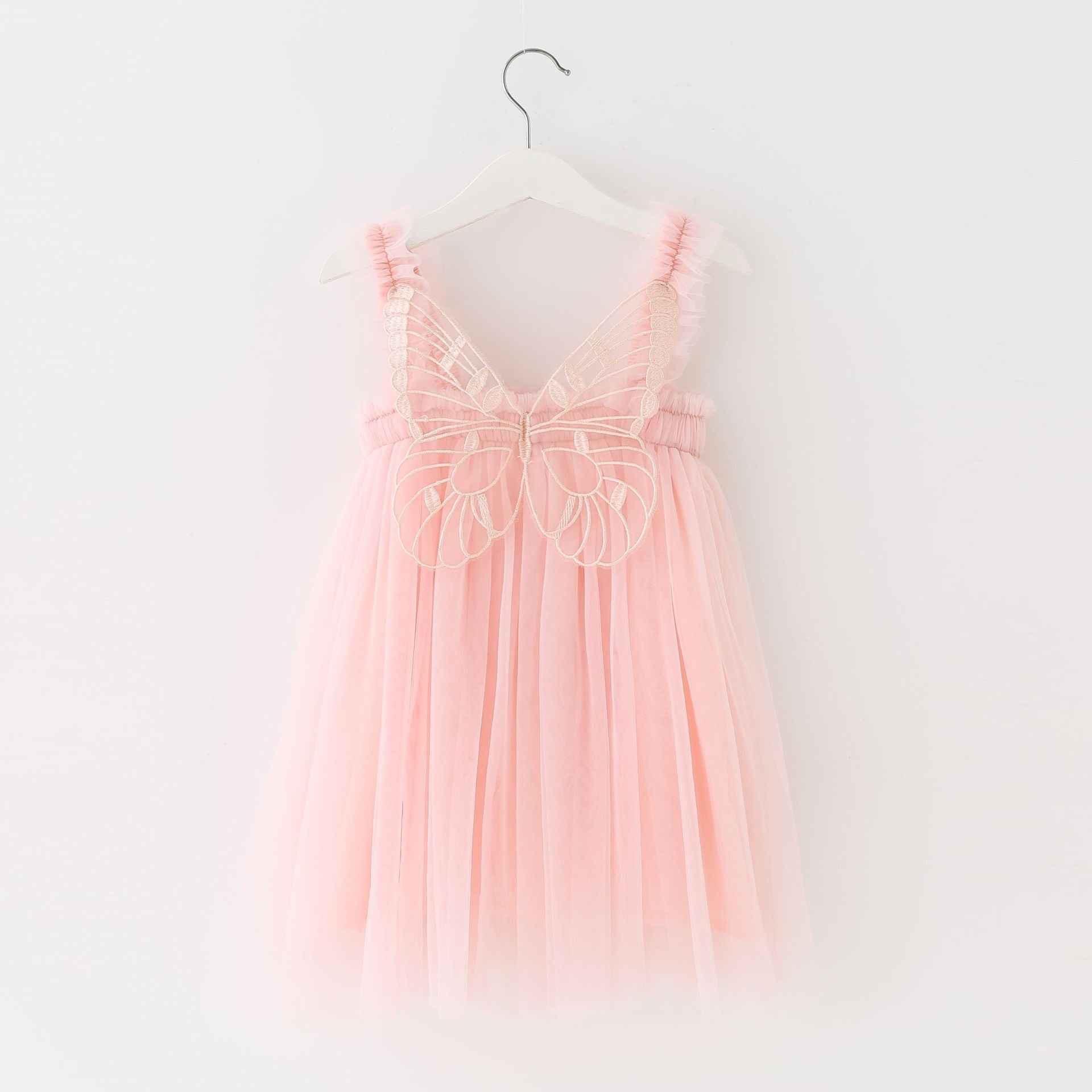 Children's Mesh Dress Sling Birthday Dress Pettiskirt Three-dimensional Angel Wings Fairy Fashionable Skirt Light Pink C42