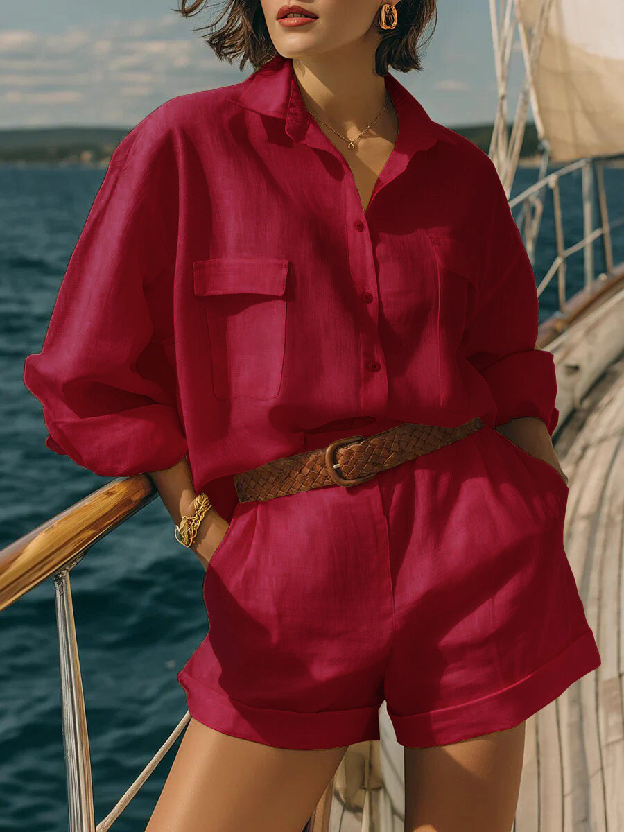 Cotton-Linen Loose-Fit Button-Down Shirt and Shorts Casual Set Red (No Belt)