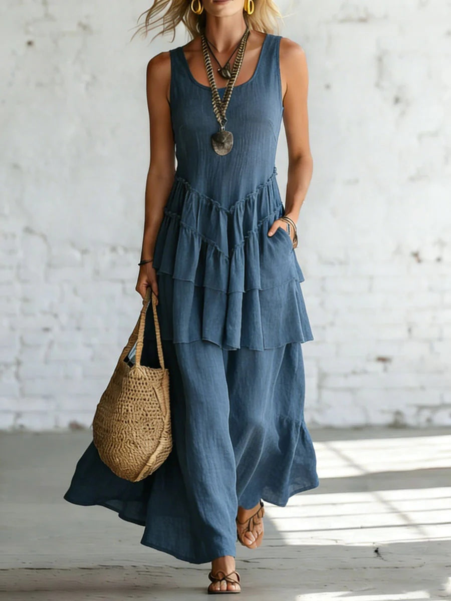 Women's Cotton Linen Sleeveless Loose Maxi Dress Navy Blue
