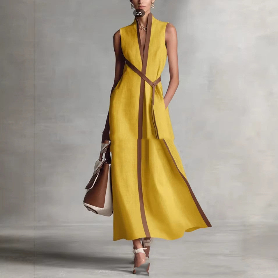 Women's Patchwork Cardigan & Wide Leg Pants Set | Colorblock Linen Yellow