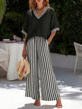 Women's Striped Tunic Top & Casual Trousers Two-Piece Set Black