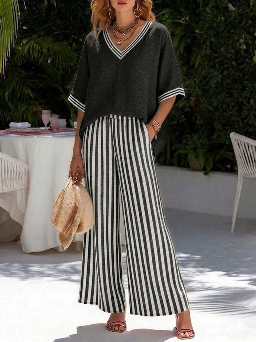 Women's Striped Tunic Top & Casual Trousers Two-Piece Set Black