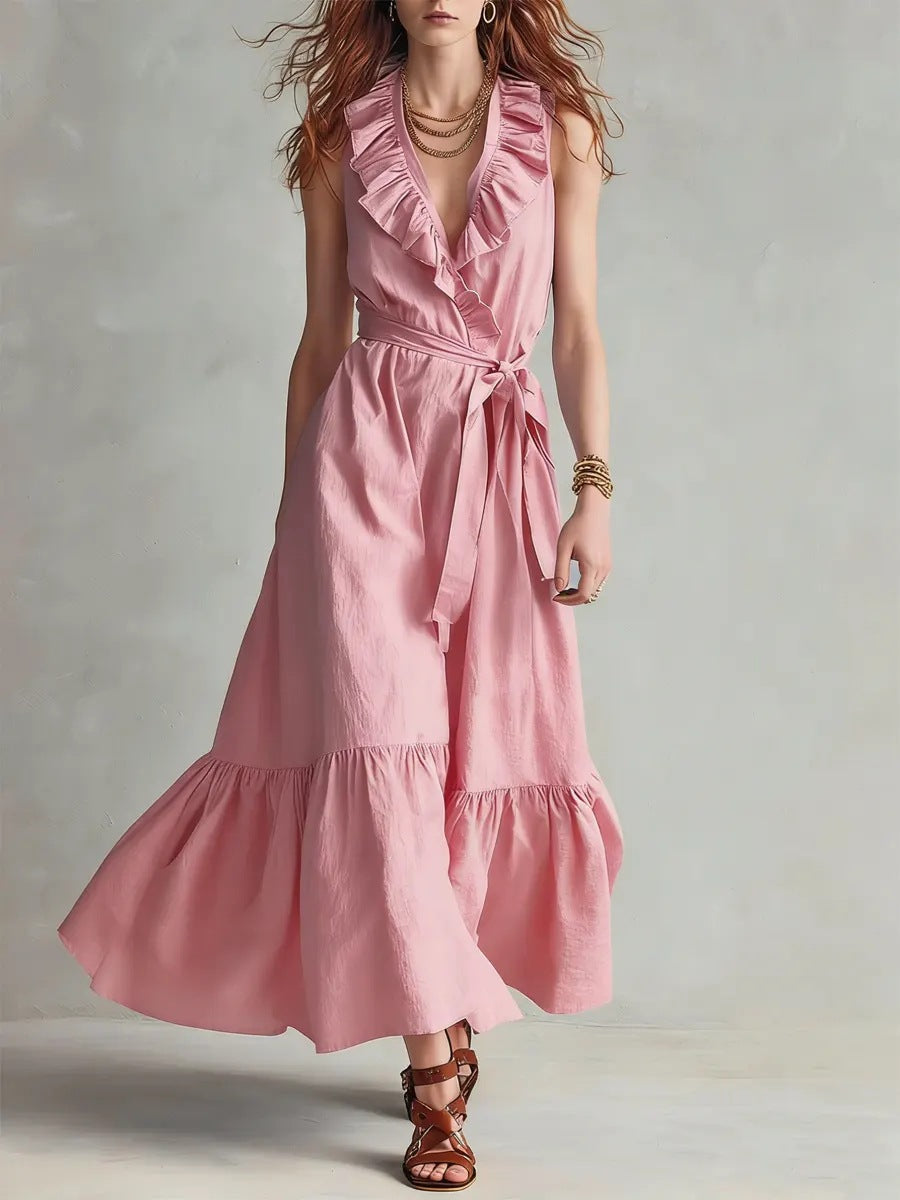 Women's V-Neck Sleeveless Lace-Up Panelled Maxi Dress – Wide Flare Pink